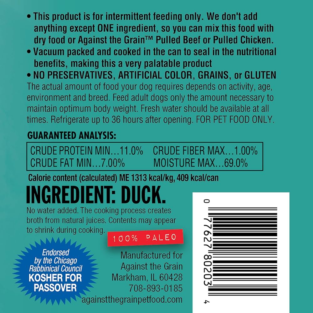 Against The Grain All Life Stages Nothing Else! 100% Duck Wet Dog Food (11oz) Wet Dog Food - Lazy Paper Club