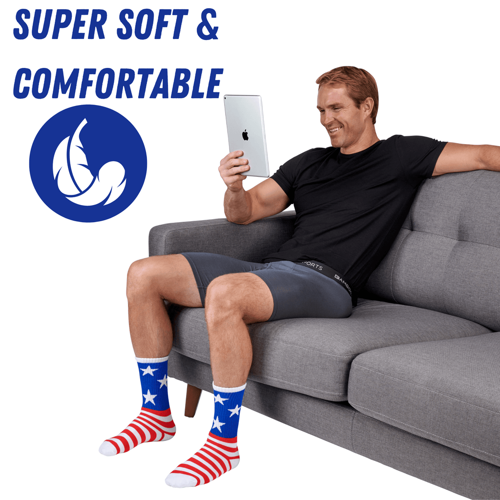 Bamboo Sports Red White and Blue Premium Bamboo Rayon Crew Work Socks- Moisture Wicking, Odor Eliminating Red, White, and Blue American Flag 4th of July Socks for Men and Women Gift Box 3 Pair