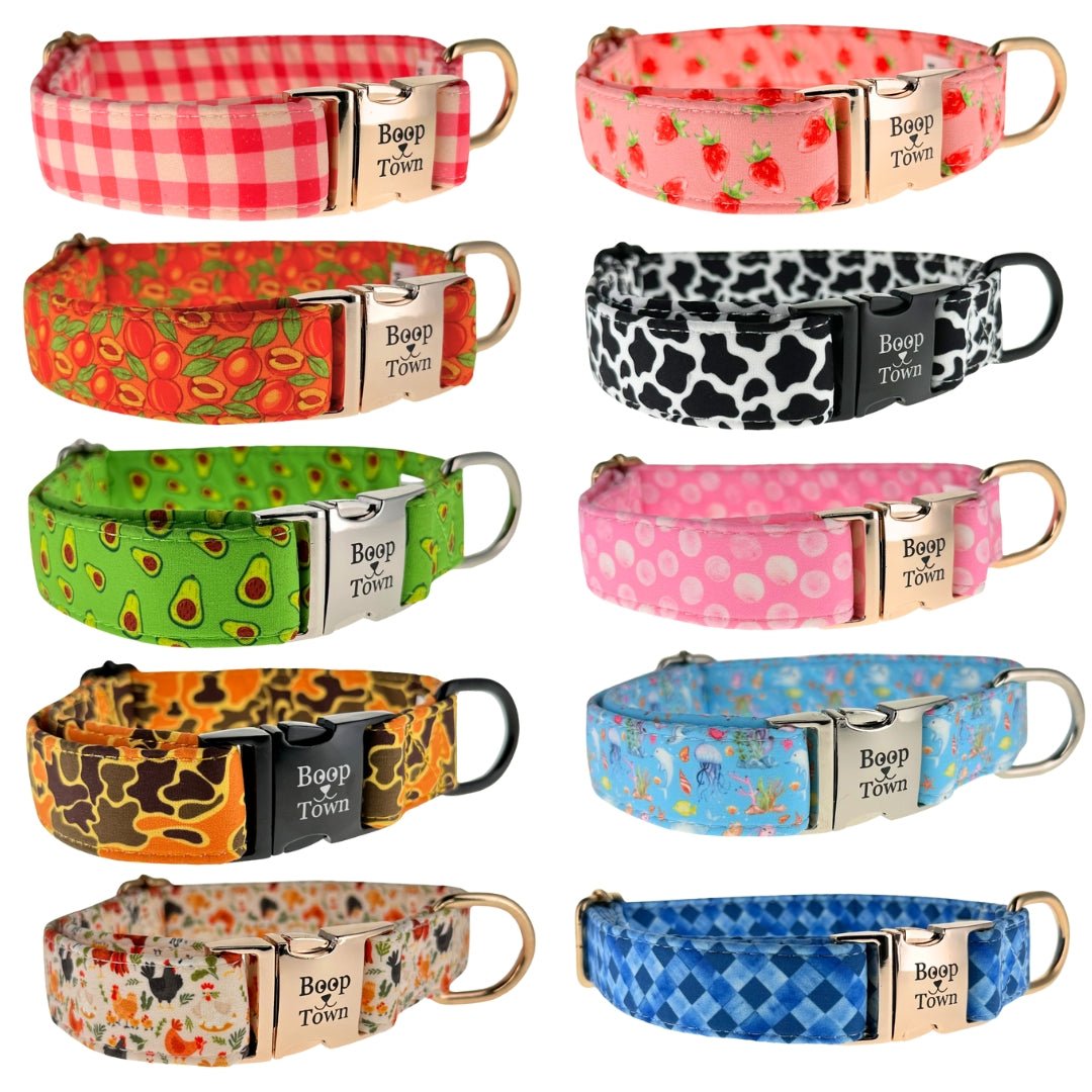 Boop Town Soft Cotton Dog Collar - Anti-Hair Matting & Durable Nylon Core - Quick Release Metal Buckle - Adjustable for Small Medium Large XL Dogs - Gold Tone Hardware - Lazy Paper Club