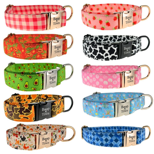 Boop Town Soft Cotton Dog Collar - Anti-Hair Matting & Durable Nylon Core - Quick Release Metal Buckle - Adjustable for Small Medium Large XL Dogs - Gold Tone Hardware - Lazy Paper Club