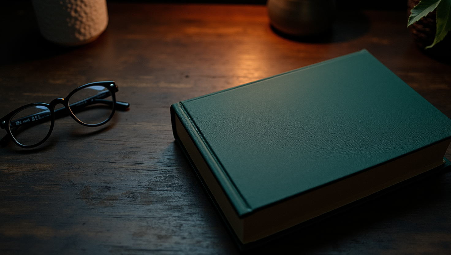 A hardcover book and reading glasses on a dark desk in warm lamp light