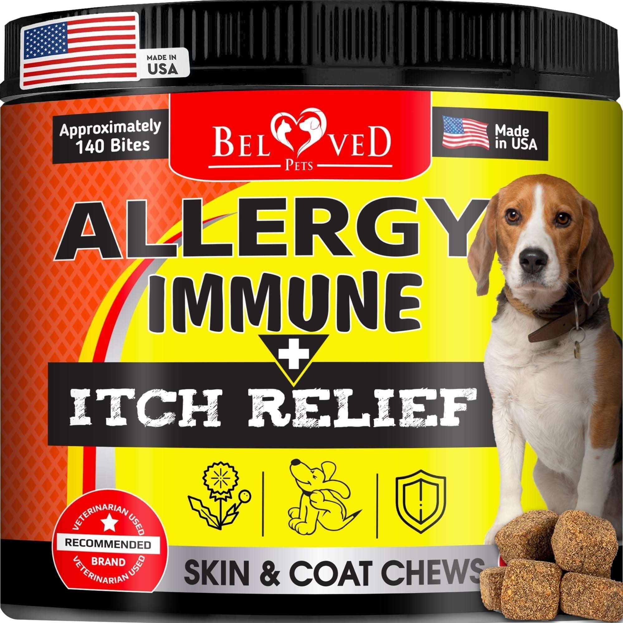 Dog Anti Itch Allergy Relief Chews Dry Itchy Skin Hot Spot Treatment with Probiotic Omega 3 Oil Immune Supplement Seasonal Allergies Medicine for Dogs Puppy 140 Bites - Lazy Paper Club