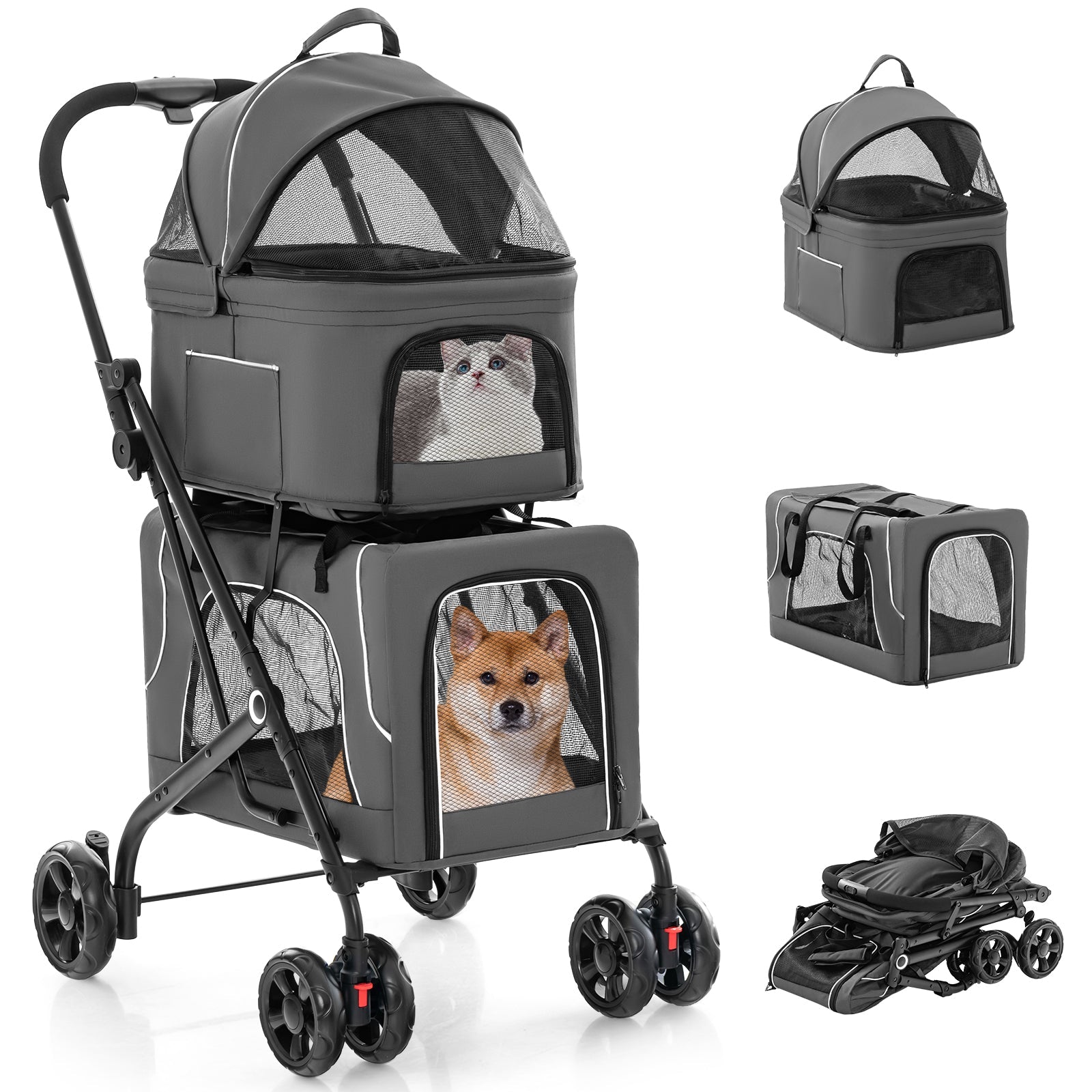 Double Pet Stroller Foldable 3-in-1 Dog Stroller with 2 Detachable Carriers - Lazy Paper Club