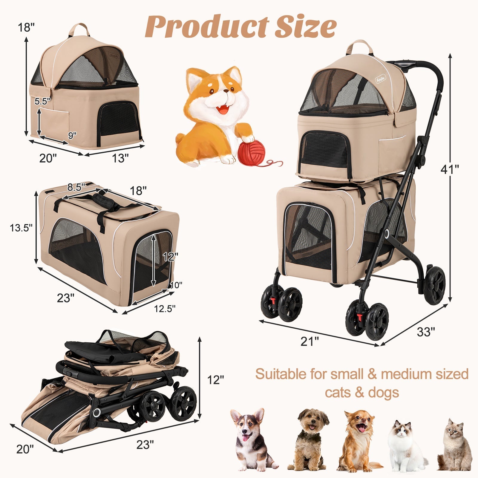 Double Pet Stroller Foldable 3-in-1 Dog Stroller with 2 Detachable Carriers - Lazy Paper Club
