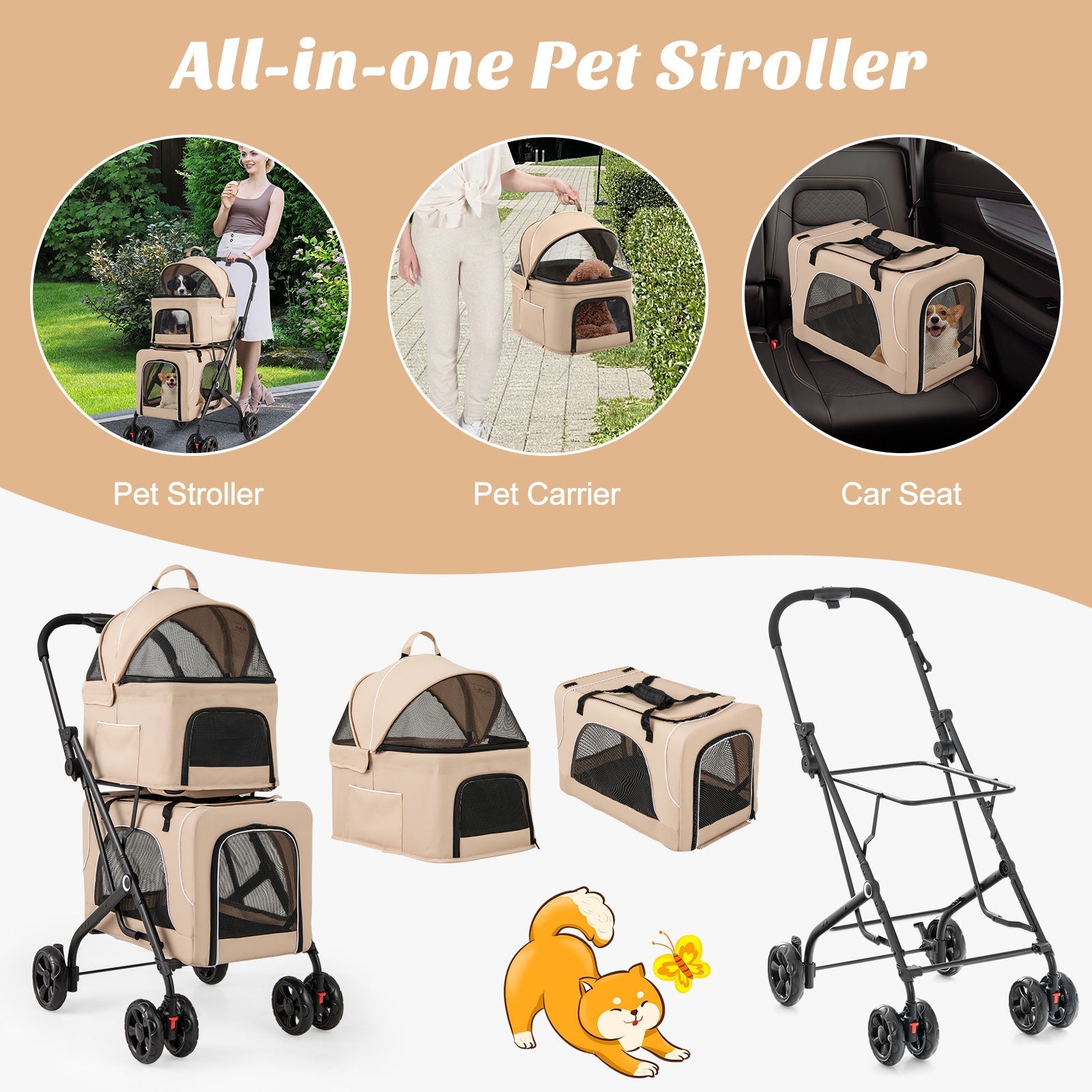 Double Pet Stroller Foldable 3-in-1 Dog Stroller with 2 Detachable Carriers - Lazy Paper Club