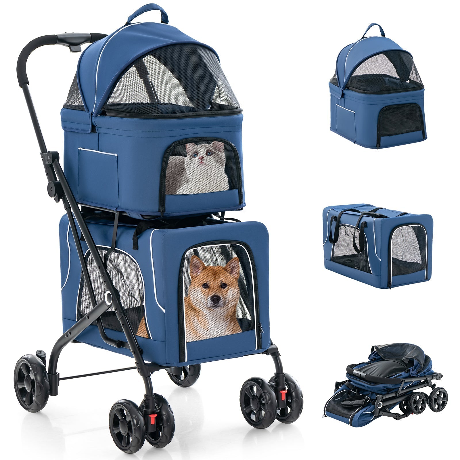 Double Pet Stroller Foldable 3-in-1 Dog Stroller with 2 Detachable Carriers - Lazy Paper Club