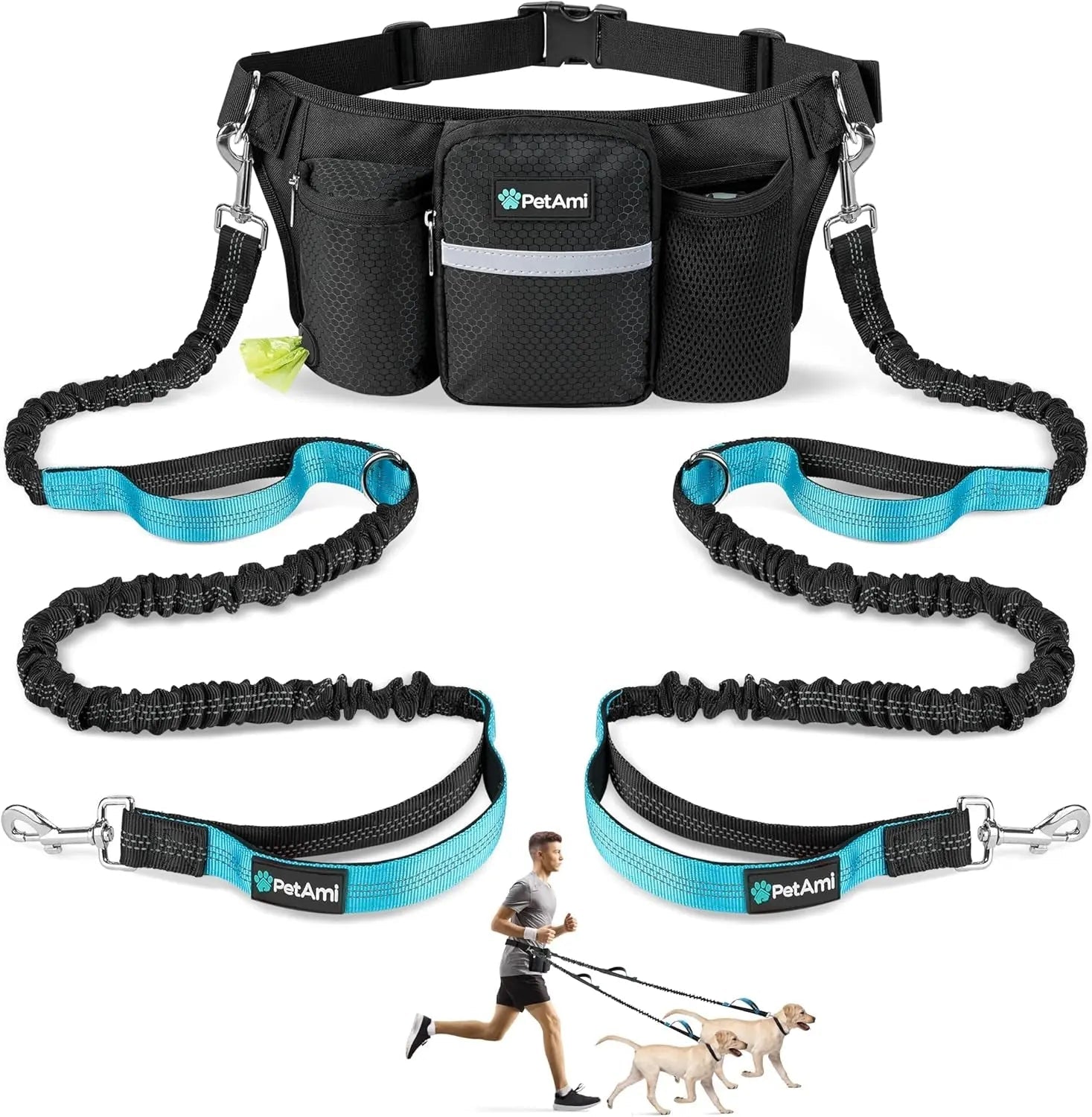 Hands Free Dog Leash Dual Bungee Waist Belt Adjustable Running Walking 2 Dogs - Lazy Paper Club