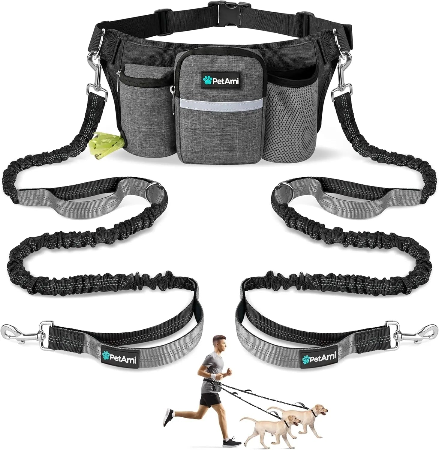 Hands Free Dog Leash Dual Bungee Waist Belt Adjustable Running Walking 2 Dogs - Lazy Paper Club