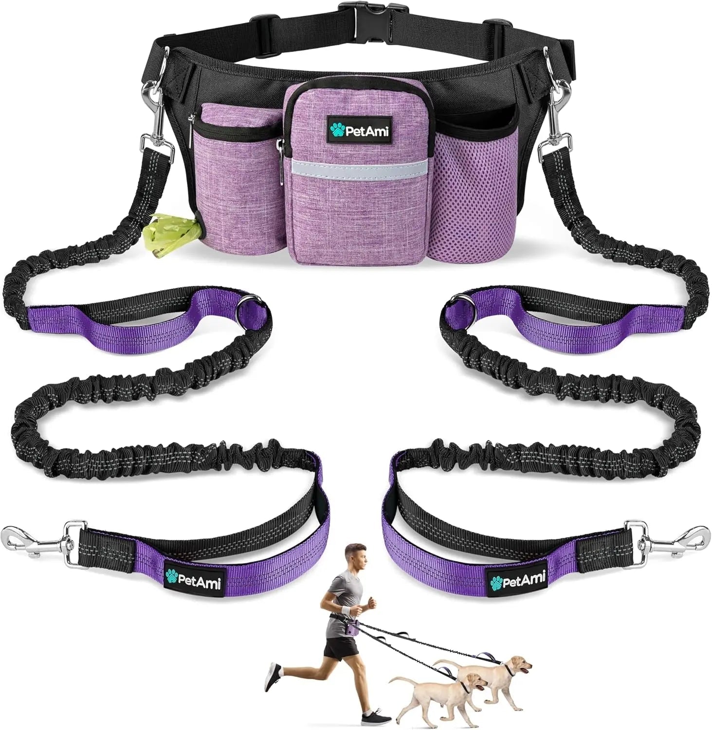 Hands Free Dog Leash Dual Bungee Waist Belt Adjustable Running Walking 2 Dogs - Lazy Paper Club