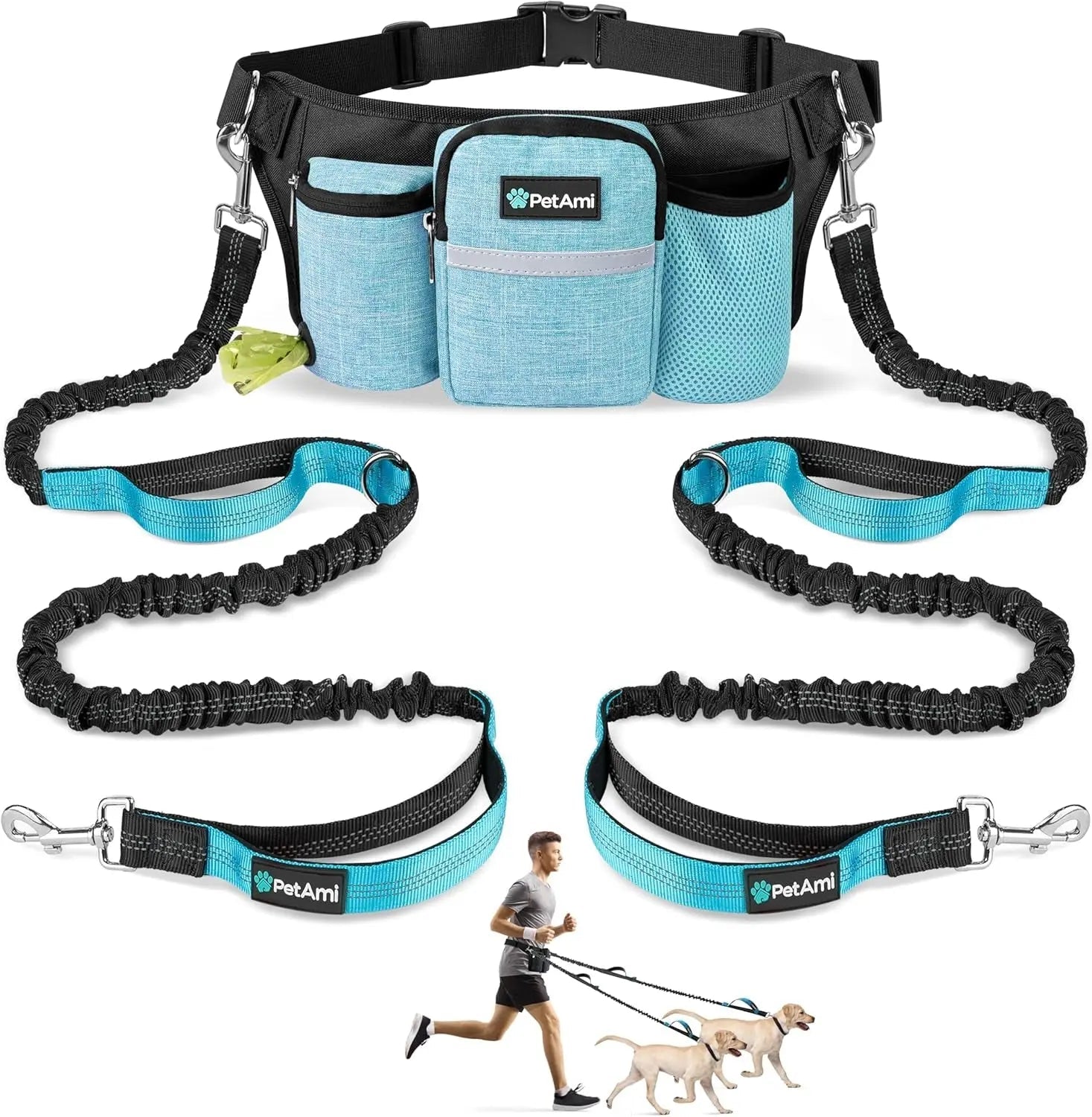 Hands Free Dog Leash Dual Bungee Waist Belt Adjustable Running Walking 2 Dogs - Lazy Paper Club