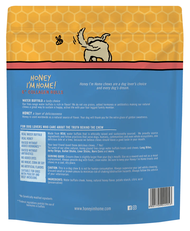 Honey Dog Buffalo Collagen Rolls 6" (3pk) Dog Treats - Lazy Paper Club