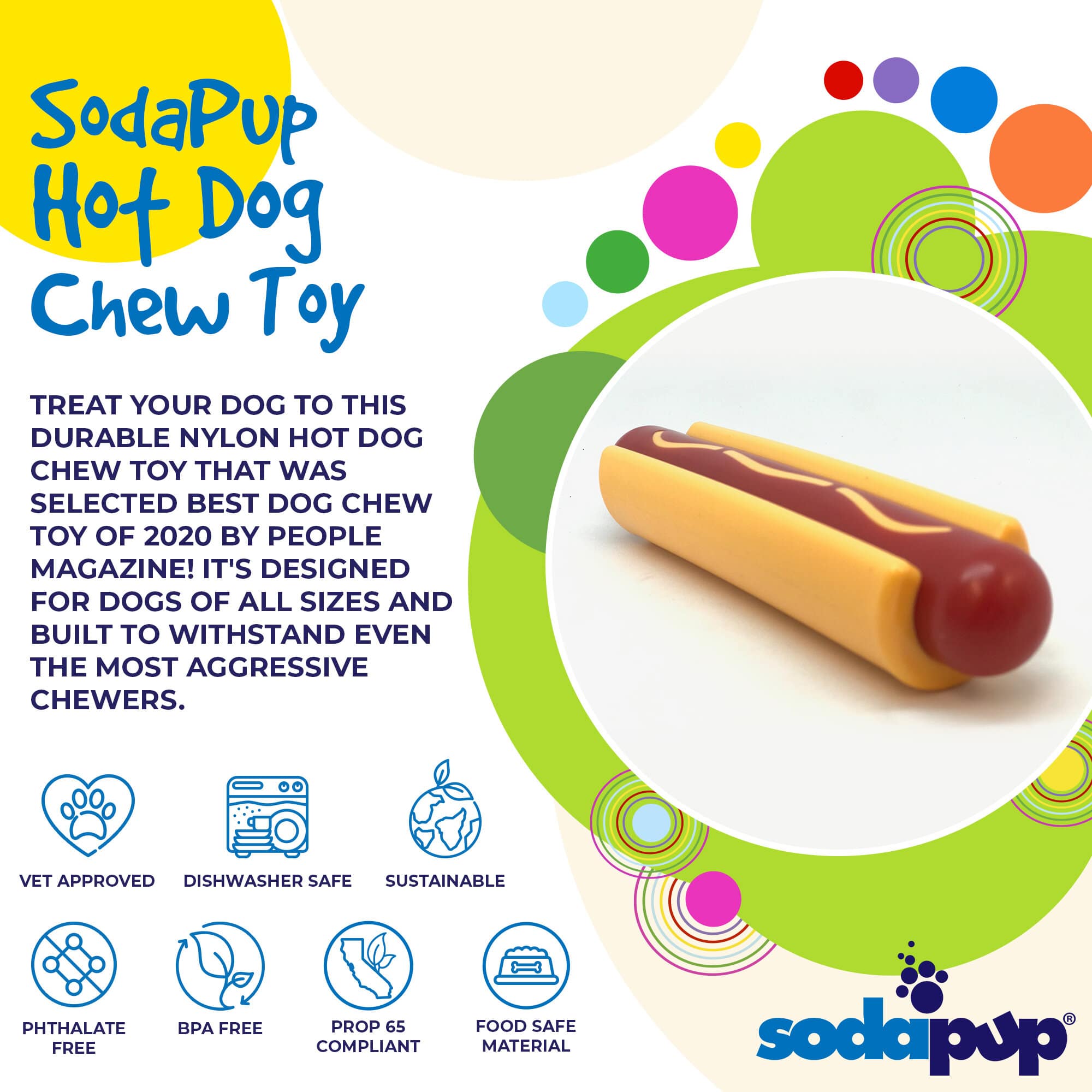 Hot Dog Nylon Dog Toy for Aggressive Chewers | USA Made | SodaPup Nylon Dog Toys - Lazy Paper Club