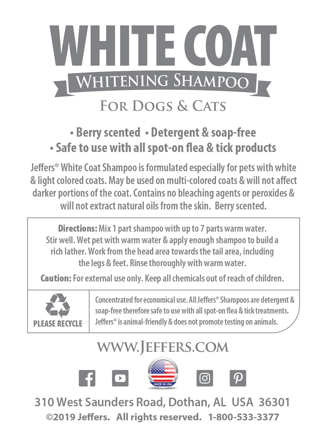 Jeffers Pet White Coat Whitening Dog & Cat Shampoo Animal & Pet Supplies > Pet Grooming > Pet Shampoo & Conditioner - Lazy Paper Club