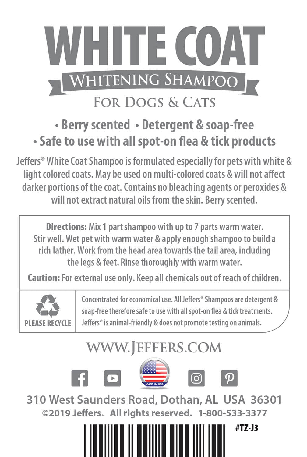 Jeffers Pet White Coat Whitening Dog & Cat Shampoo Animal & Pet Supplies > Pet Grooming > Pet Shampoo & Conditioner - Lazy Paper Club