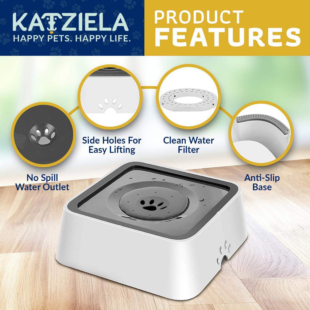 Katziela No Spill Dog & Cat Water Bowl - 35oz Slow Feeder, No Drip, Non-Slip Design Pet Bowl - Lazy Paper Club
