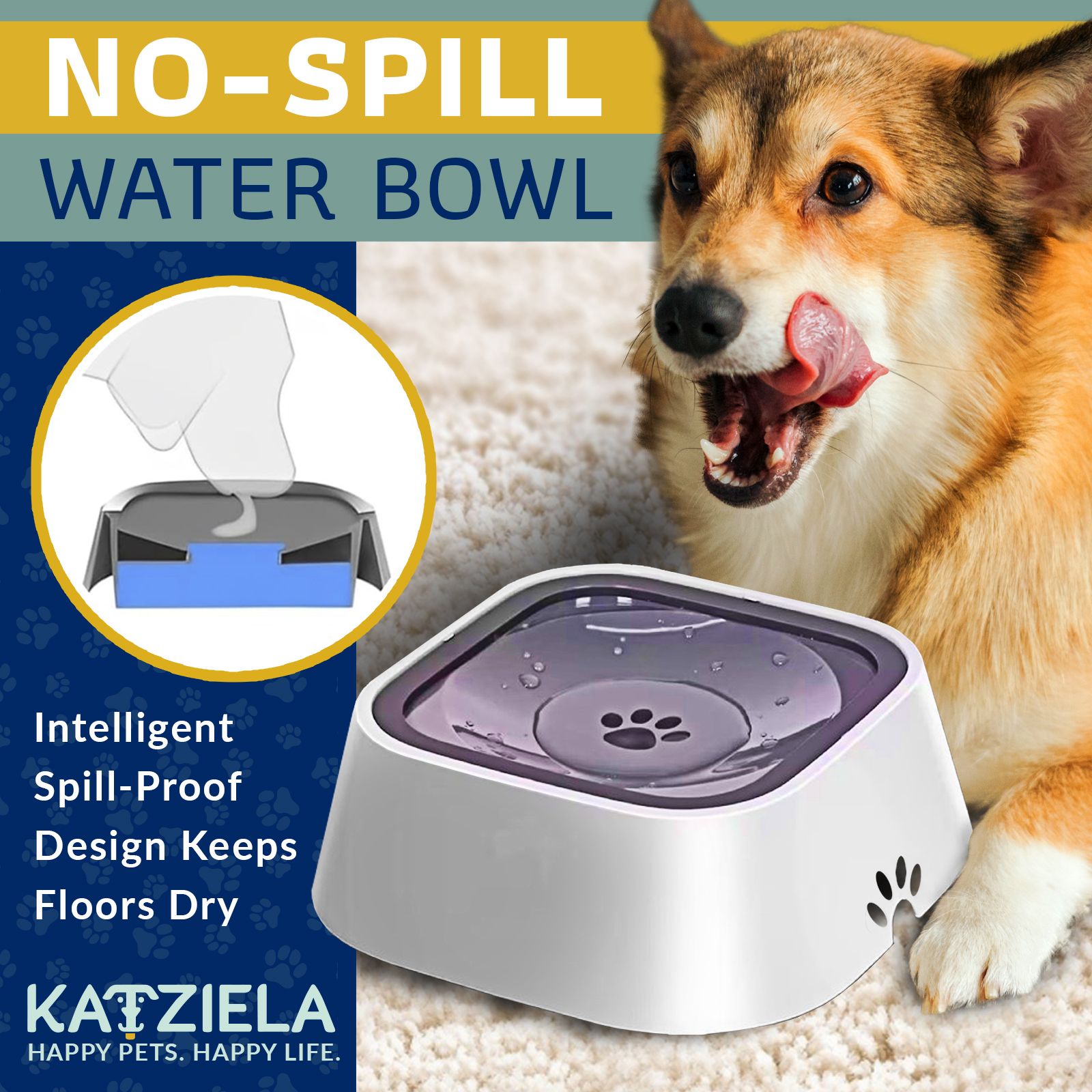 Katziela No Spill Dog & Cat Water Bowl - 35oz Slow Feeder, No Drip, Non-Slip Design Pet Bowl - Lazy Paper Club