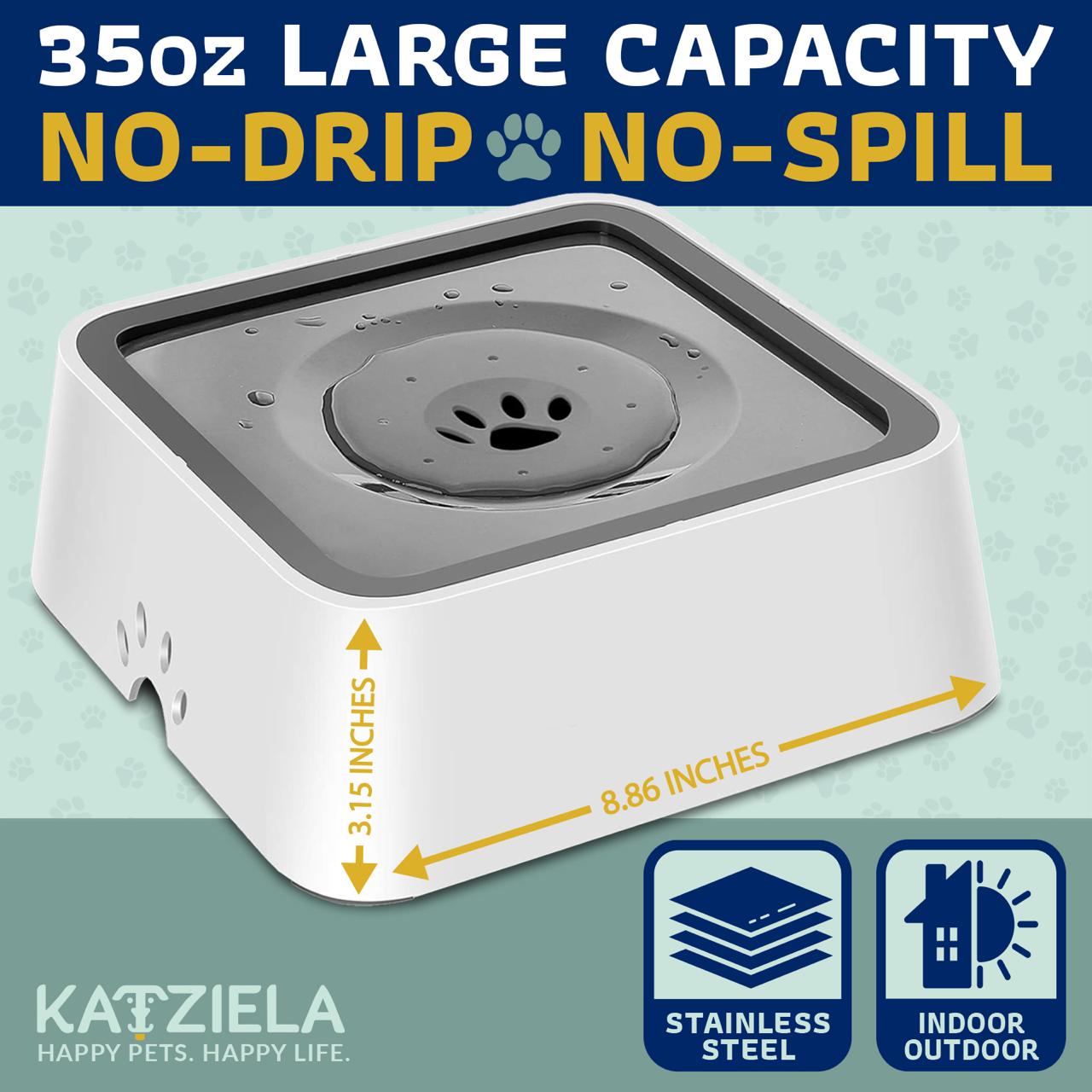 Katziela No Spill Dog & Cat Water Bowl - 35oz Slow Feeder, No Drip, Non-Slip Design Pet Bowl - Lazy Paper Club