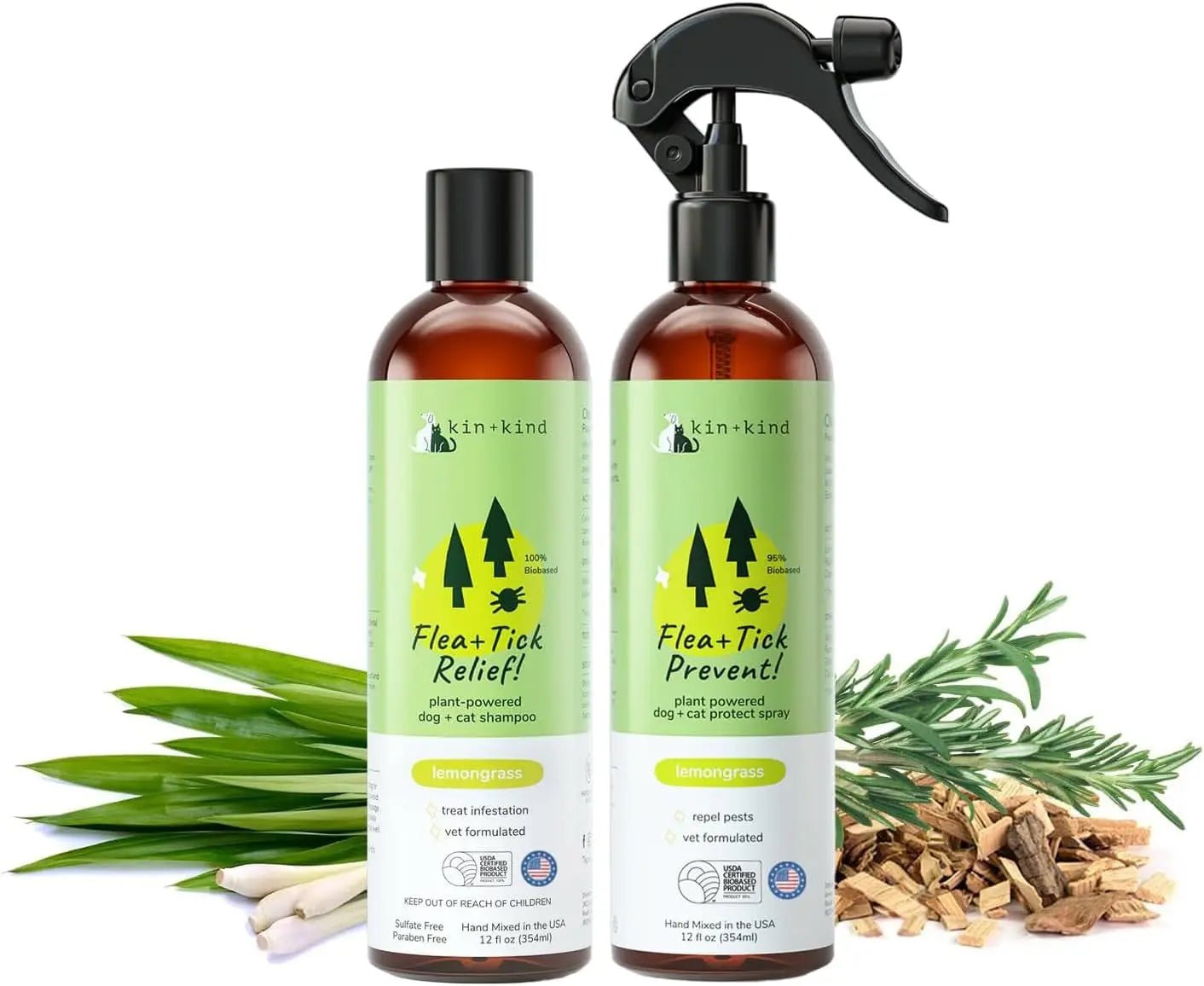 kin+kind Flea & Tick Shampoo & Spray Kit for Dogs & Cats – Plant-Based - Lazy Paper Club