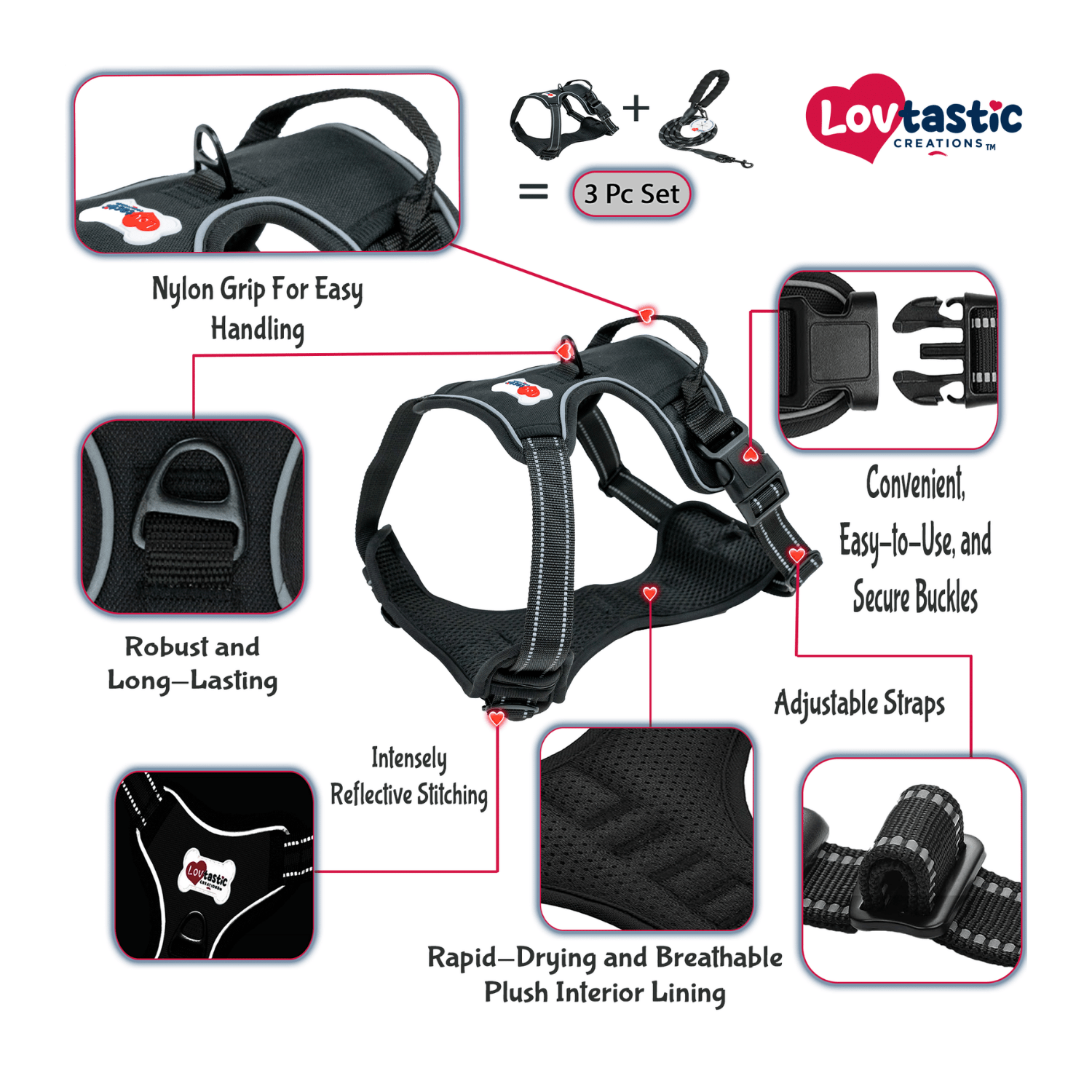 Lovtastic Creations™ No-Pull Dog Harness - with Strong & Durable Dog Leash & Free Poopbag Holder 3pcs Set | Reflective No-Choke Pet Harness Harness - Lazy Paper Club