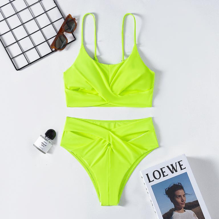 Neon green swimsuit women Sexy bandeau bikini set High cut swimwear Sport solid swimming suit Sexy bathing suit Beach wear - Lazy Paper Club