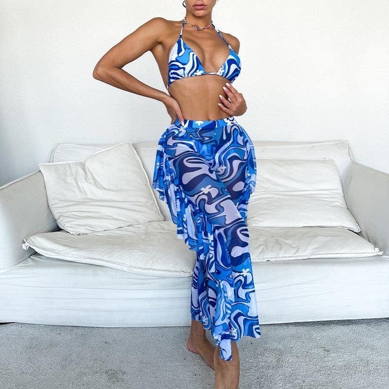 Solid bikini Mesh 3 Pieces Set Swimsuit 3 Pieces Swimsuit Solid Padded Swimwear with Maxi Wrap Skirt Beach Vacation Swim Bath Wear Women Elegant Swimwear Female Ruffle Swimming Suit Sports Bathing Suit STBK455SFF - Lazy Paper Club
