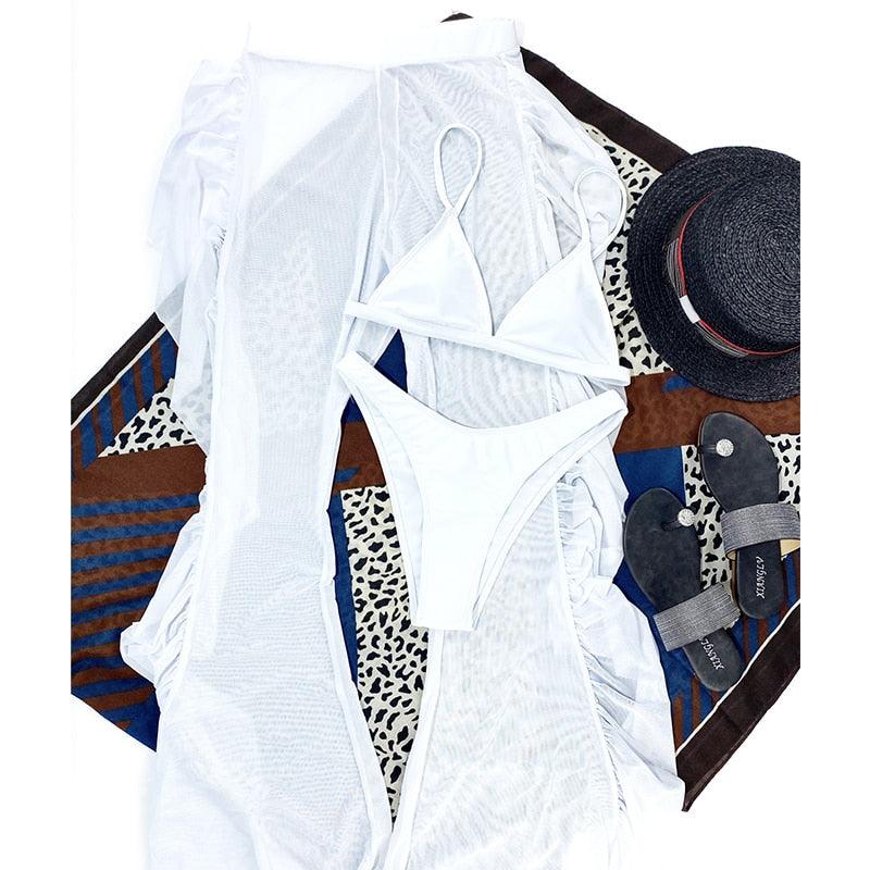 Solid bikini Mesh 3 Pieces Set Swimsuit 3 Pieces Swimsuit Solid Padded Swimwear with Maxi Wrap Skirt Beach Vacation Swim Bath Wear Women Elegant Swimwear Female Ruffle Swimming Suit Sports Bathing Suit STBK455SFF - Lazy Paper Club