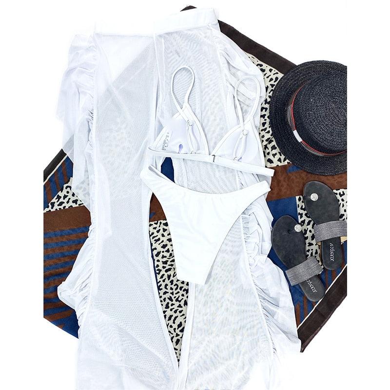 Solid bikini Mesh 3 Pieces Set Swimsuit 3 Pieces Swimsuit Solid Padded Swimwear with Maxi Wrap Skirt Beach Vacation Swim Bath Wear Women Elegant Swimwear Female Ruffle Swimming Suit Sports Bathing Suit STBK455SFF - Lazy Paper Club