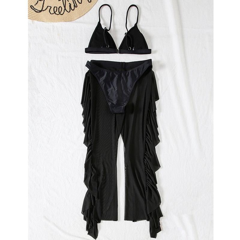 Solid bikini Mesh 3 Pieces Set Swimsuit 3 Pieces Swimsuit Solid Padded Swimwear with Maxi Wrap Skirt Beach Vacation Swim Bath Wear Women Elegant Swimwear Female Ruffle Swimming Suit Sports Bathing Suit STBK455SFF - Lazy Paper Club