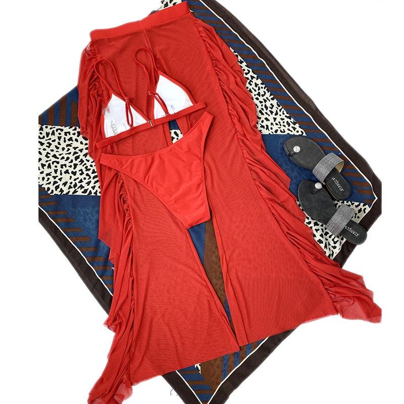 Solid bikini Mesh 3 Pieces Set Swimsuit 3 Pieces Swimsuit Solid Padded Swimwear with Maxi Wrap Skirt Beach Vacation Swim Bath Wear Women Elegant Swimwear Female Ruffle Swimming Suit Sports Bathing Suit STBK455SFF - Lazy Paper Club