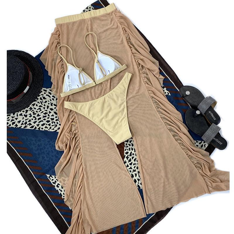 Solid bikini Mesh 3 Pieces Set Swimsuit 3 Pieces Swimsuit Solid Padded Swimwear with Maxi Wrap Skirt Beach Vacation Swim Bath Wear Women Elegant Swimwear Female Ruffle Swimming Suit Sports Bathing Suit STBK455SFF - Lazy Paper Club