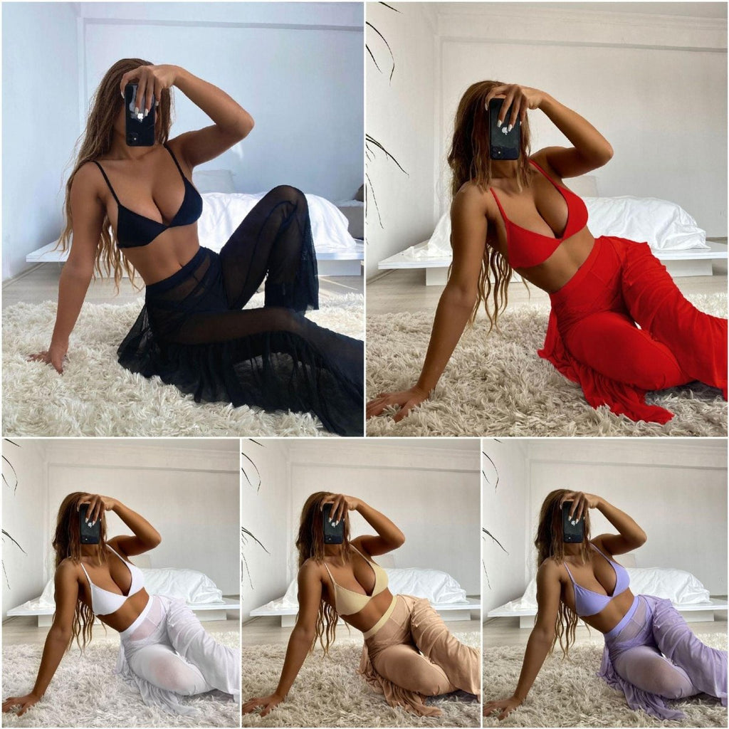 Solid bikini Mesh 3 Pieces Set Swimsuit 3 Pieces Swimsuit Solid Padded Swimwear with Maxi Wrap Skirt Beach Vacation Swim Bath Wear Women Elegant Swimwear Female Ruffle Swimming Suit Sports Bathing Suit STBK455SFF - Lazy Paper Club