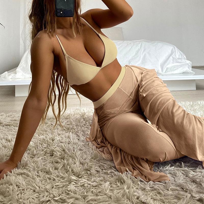 Solid bikini Mesh 3 Pieces Set Swimsuit 3 Pieces Swimsuit Solid Padded Swimwear with Maxi Wrap Skirt Beach Vacation Swim Bath Wear Women Elegant Swimwear Female Ruffle Swimming Suit Sports Bathing Suit STBK455SFF - Lazy Paper Club