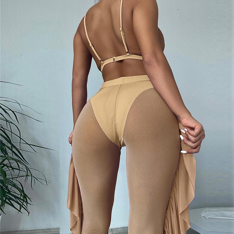 Solid bikini Mesh 3 Pieces Set Swimsuit 3 Pieces Swimsuit Solid Padded Swimwear with Maxi Wrap Skirt Beach Vacation Swim Bath Wear Women Elegant Swimwear Female Ruffle Swimming Suit Sports Bathing Suit STBK455SFF - Lazy Paper Club