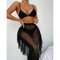 Solid bikini Mesh 3 Pieces Set Swimsuit 3 Pieces Swimsuit Solid Padded Swimwear with Maxi Wrap Skirt Beach Vacation Swim Bath Wear Women Elegant Swimwear Female Ruffle Swimming Suit Sports Bathing Suit STBK455SFF - Lazy Paper Club