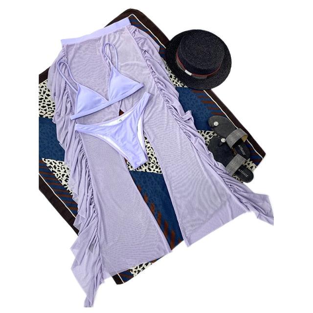 Solid bikini Mesh 3 Pieces Set Swimsuit 3 Pieces Swimsuit Solid Padded Swimwear with Maxi Wrap Skirt Beach Vacation Swim Bath Wear Women Elegant Swimwear Female Ruffle Swimming Suit Sports Bathing Suit STBK455SFF - Lazy Paper Club