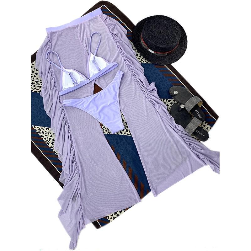 Solid bikini Mesh 3 Pieces Set Swimsuit 3 Pieces Swimsuit Solid Padded Swimwear with Maxi Wrap Skirt Beach Vacation Swim Bath Wear Women Elegant Swimwear Female Ruffle Swimming Suit Sports Bathing Suit STBK455SFF - Lazy Paper Club