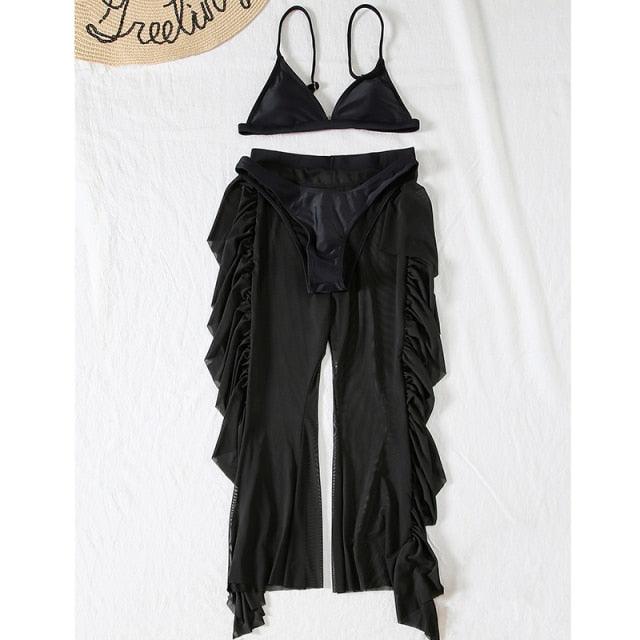 Solid bikini Mesh 3 Pieces Set Swimsuit 3 Pieces Swimsuit Solid Padded Swimwear with Maxi Wrap Skirt Beach Vacation Swim Bath Wear Women Elegant Swimwear Female Ruffle Swimming Suit Sports Bathing Suit STBK455SFF - Lazy Paper Club