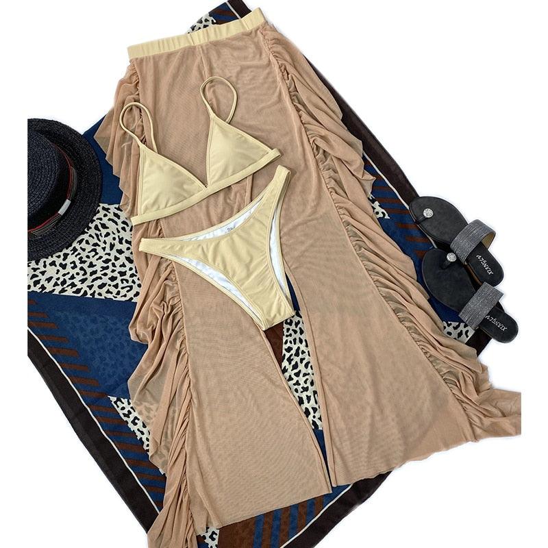 Solid bikini Mesh 3 Pieces Set Swimsuit 3 Pieces Swimsuit Solid Padded Swimwear with Maxi Wrap Skirt Beach Vacation Swim Bath Wear Women Elegant Swimwear Female Ruffle Swimming Suit Sports Bathing Suit STBK455SFF - Lazy Paper Club