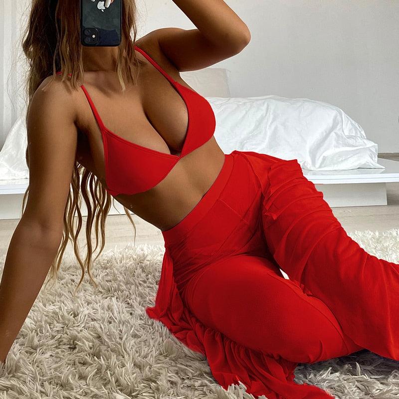 Solid bikini Mesh 3 Pieces Set Swimsuit 3 Pieces Swimsuit Solid Padded Swimwear with Maxi Wrap Skirt Beach Vacation Swim Bath Wear Women Elegant Swimwear Female Ruffle Swimming Suit Sports Bathing Suit STBK455SFF - Lazy Paper Club