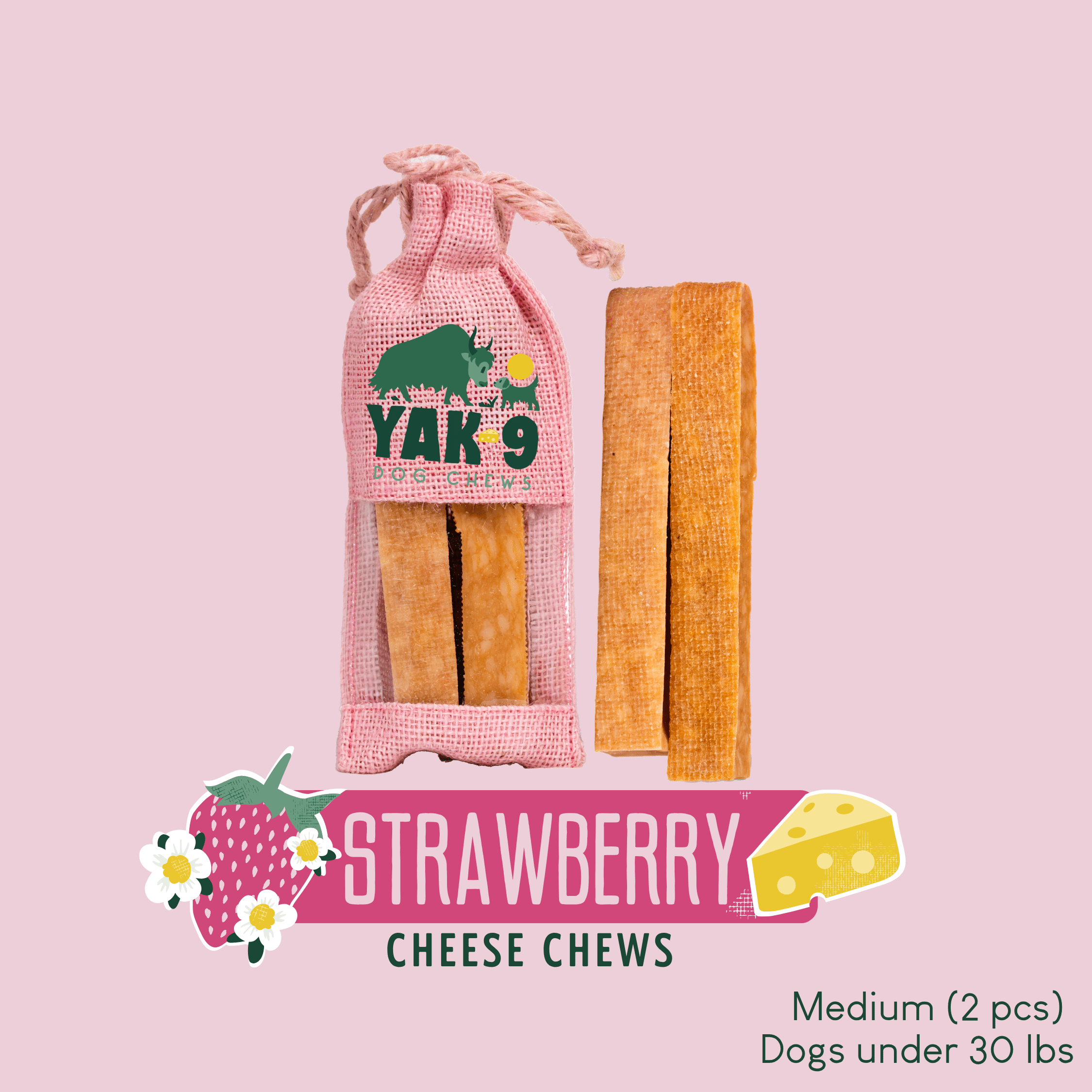 Strawberry Cheese Chews for Dogs STRAWBERRY YAK CHEESE CHEWS - Lazy Paper Club