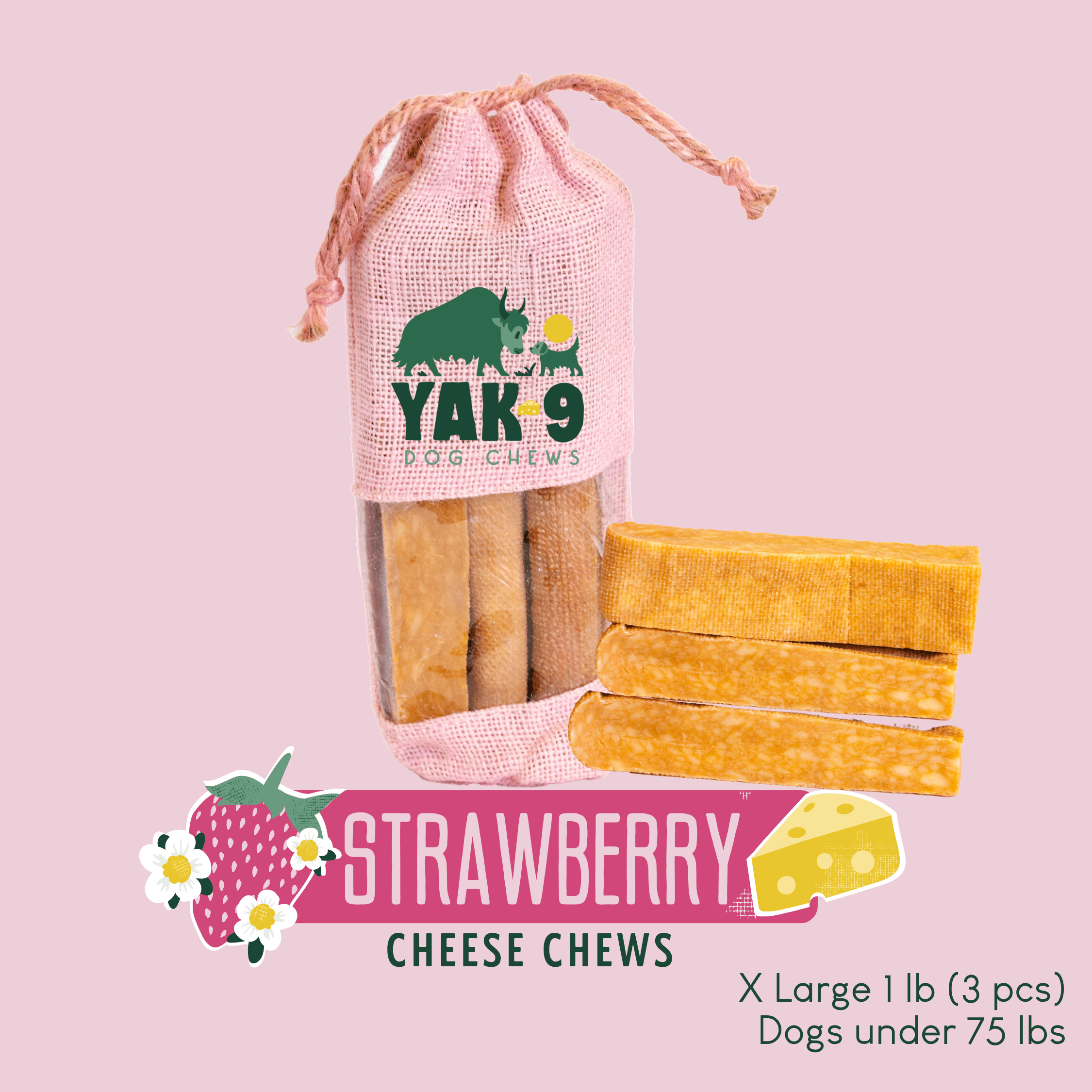 Strawberry Cheese Chews for Dogs STRAWBERRY YAK CHEESE CHEWS - Lazy Paper Club