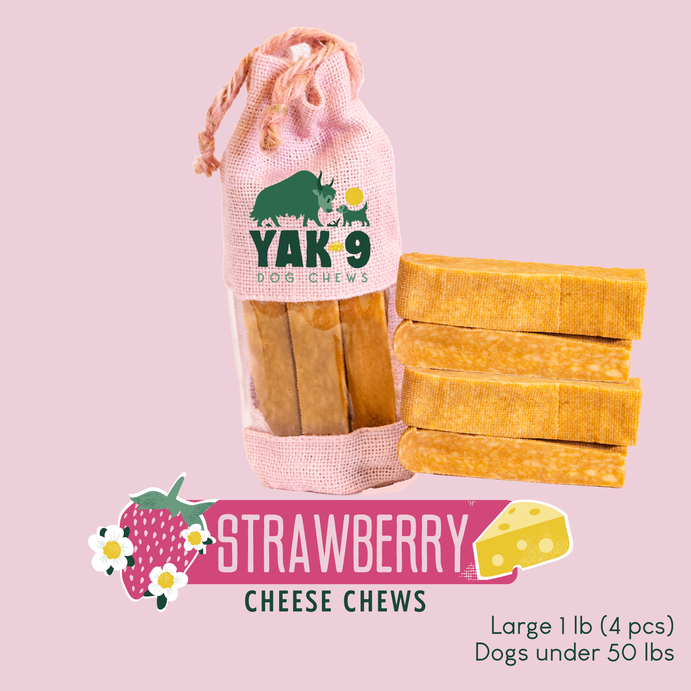Strawberry Cheese Chews for Dogs STRAWBERRY YAK CHEESE CHEWS - Lazy Paper Club