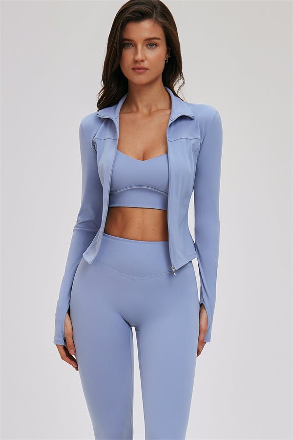 The Kinetic Zip Jacket Cross Back Sports Bra Leggings 3-Piece Set - Lazy Paper Club
