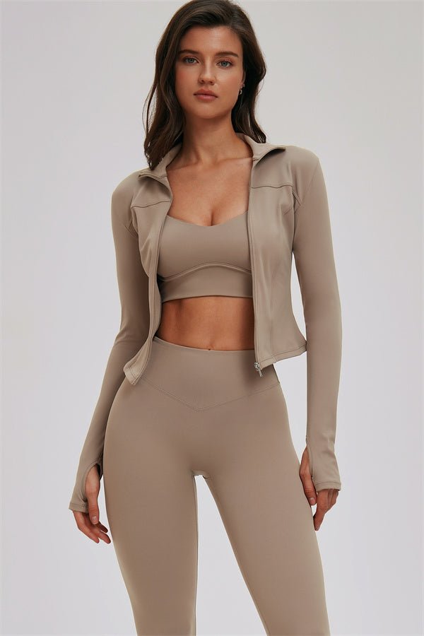 The Kinetic Zip Jacket Cross Back Sports Bra Leggings 3-Piece Set - Lazy Paper Club