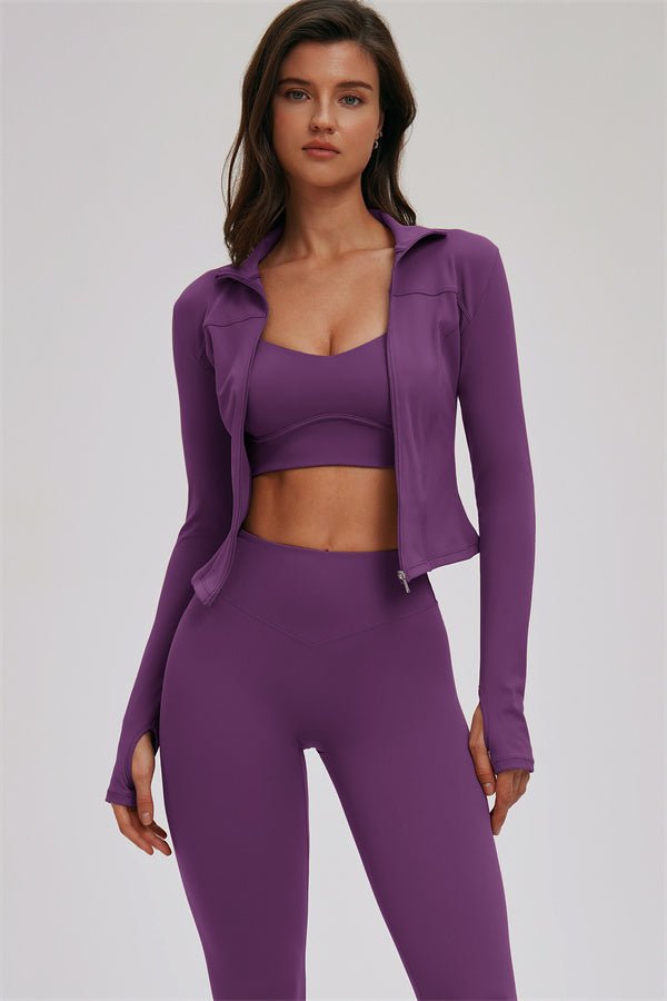 The Kinetic Zip Jacket Cross Back Sports Bra Leggings 3-Piece Set - Lazy Paper Club