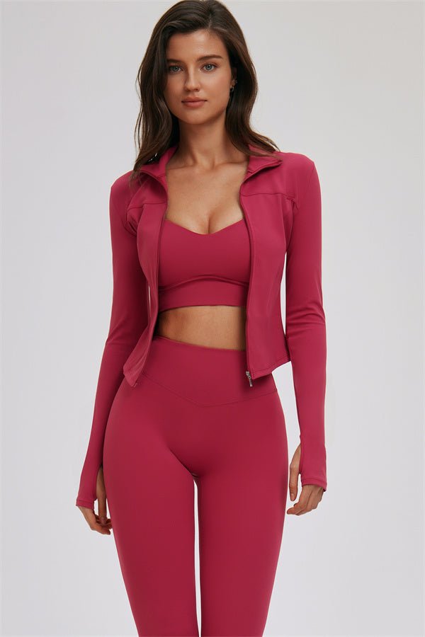 The Kinetic Zip Jacket Cross Back Sports Bra Leggings 3-Piece Set - Lazy Paper Club