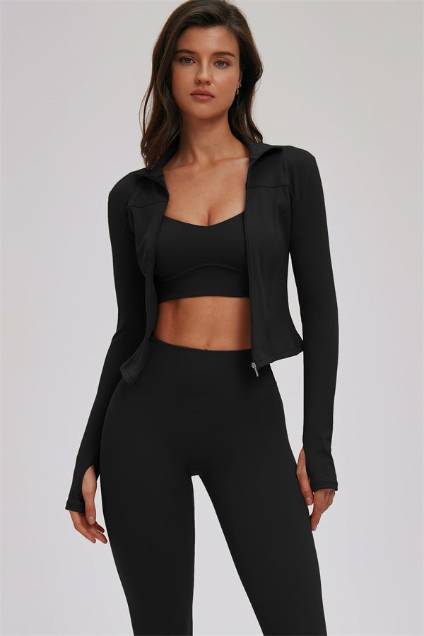 The Kinetic Zip Jacket Cross Back Sports Bra Leggings 3-Piece Set - Lazy Paper Club