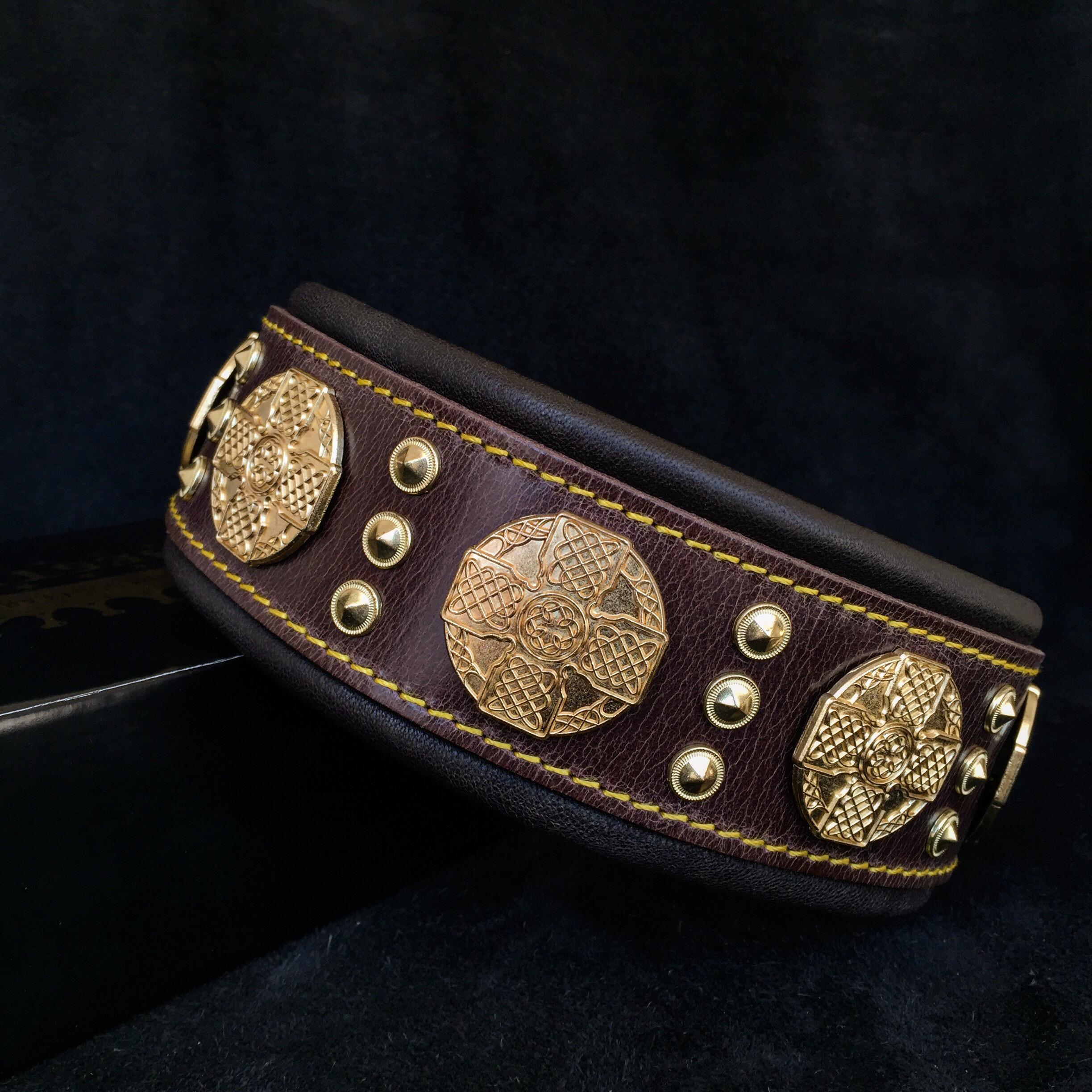 The "Maximus" collar 2.5 inch wide brown & gold Collars - Lazy Paper Club
