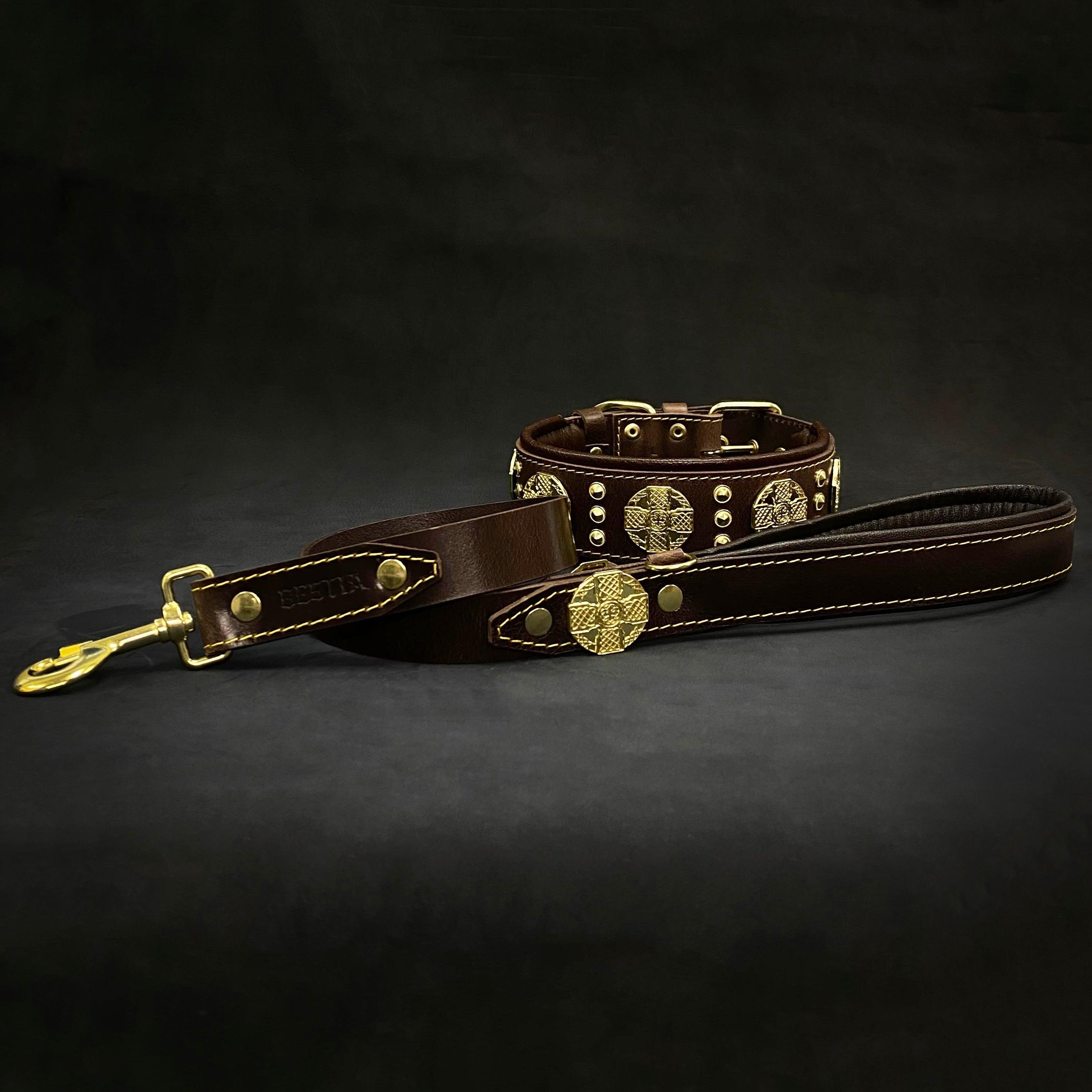 The "Maximus" collar 2.5 inch wide brown & gold Collars - Lazy Paper Club