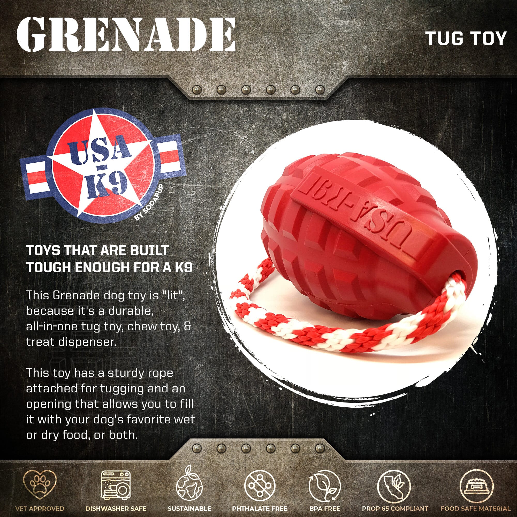 USA-K9 Grenade Rubber Dog Chew Toy | K9 Handler Reward Toy | Blue | USA Made Rubber Dog Toys - Lazy Paper Club